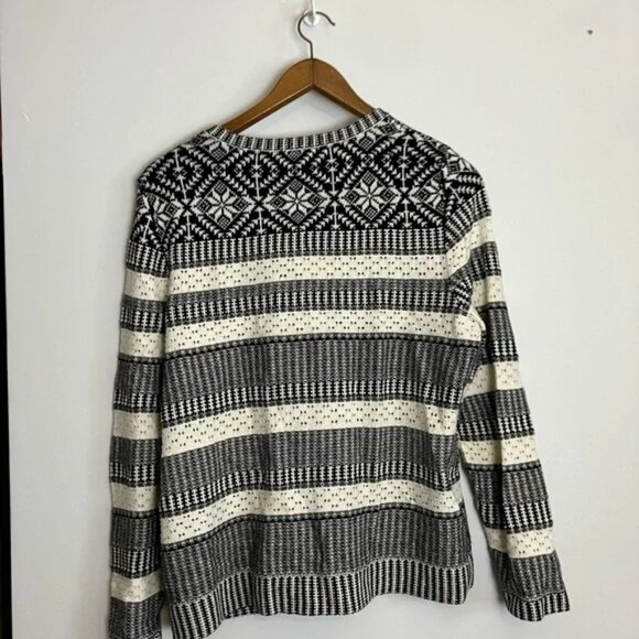 Talbots Fair Isle Nordic Black White Front Zip Round Neck Cardigan Sweater - Picture 8 of 9